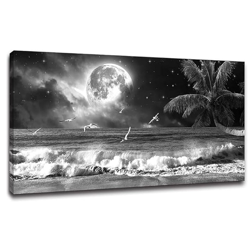 Yxbhhym Black and White Ocean Wall Art Moon Sea Beach Canvas Print Art Ocean …