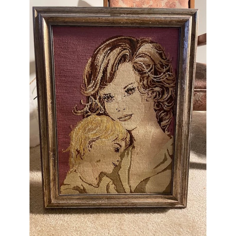 Vintage framed needlepoint mother and child 60s MCM