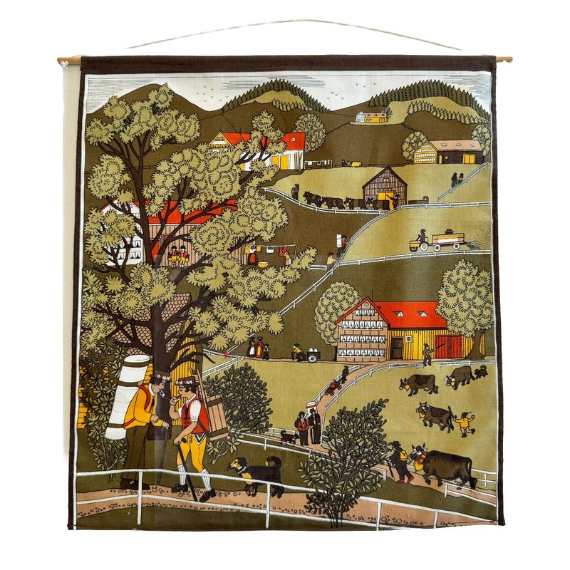 Alpine Folk Art Tapestry Farm Cows Country Side 15.25 x 17 in Bavaria Swiss