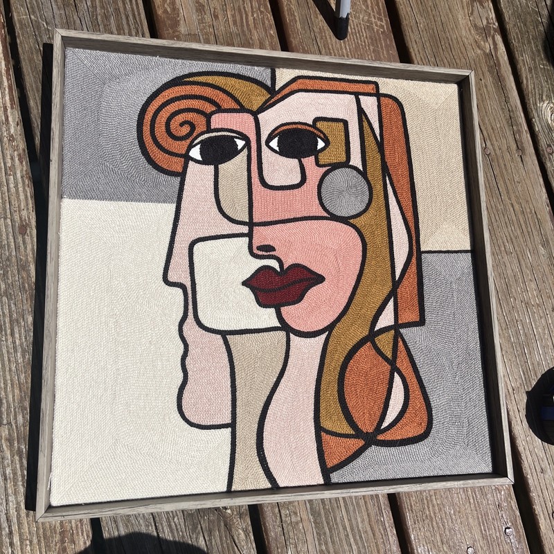 Abstract Embroidered Textile Wall Art Picasso Face Cubism Modern Colorful 17×17″