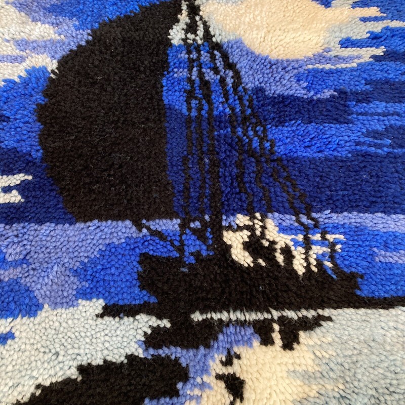 MCM Latchhook Rug or Wall Hanging Sailboat Moon Sky 25"x40", Handmade
