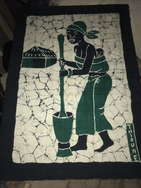 Thioune - Tribal Woman - Child - Grinding Grain - Batik - Art - Signed - Textile gallery