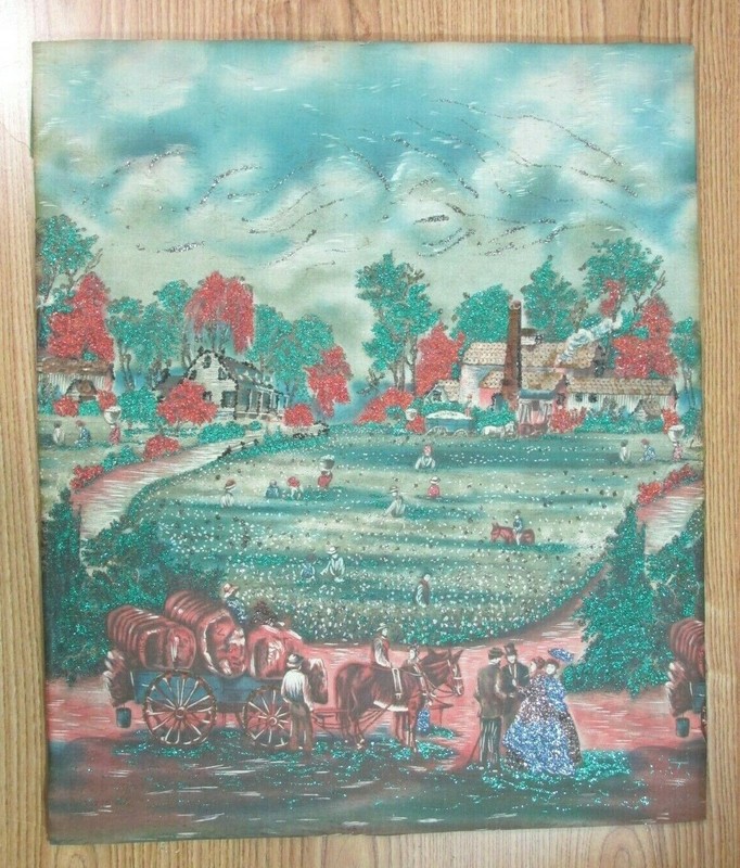 ART FABRIC OLD ANTIQUE EARLY 1900'S GLITTER ON FABRIC ON CARDBOARD gallery