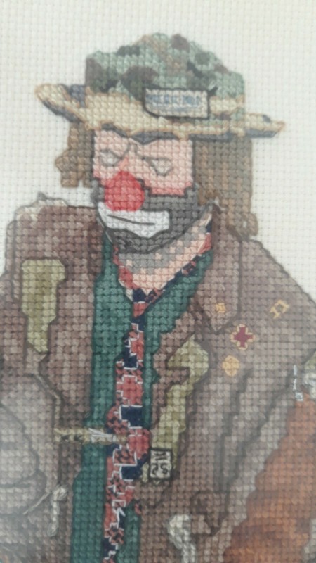 Vintage 1992 Emmett Kelly Jr Sad Circus Hobo Clown Cross Stitch Framed Antique gallery