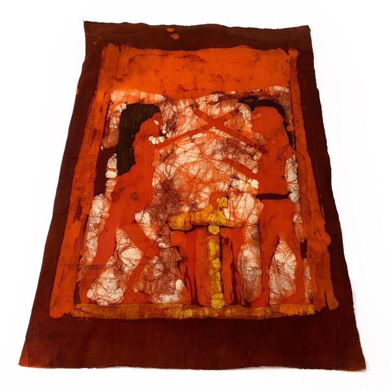 Primitive Man Woman Lion Altar Tribal Hand Dyed Wall Art Fabric Handmade 17×24.5