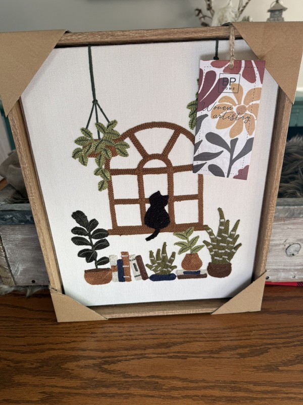 New BP Home Woven Embroidered Textile Wall Art Black Cat In The Window 12”x15” gallery