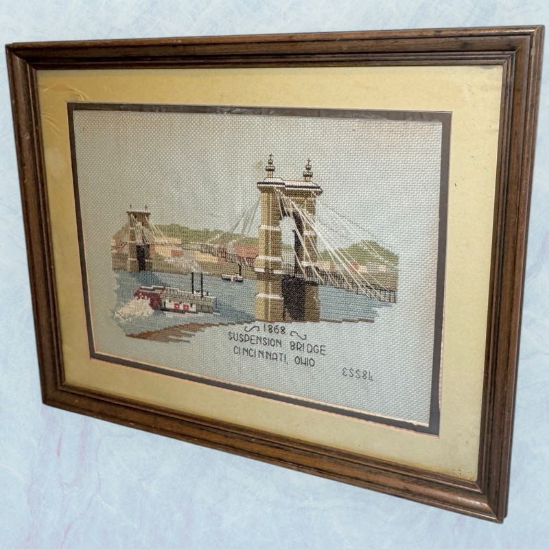 VINTAGE Signed NEEDLEPOINT Yarn Art Roebling Suspension Bridge Cincinnati OH gallery