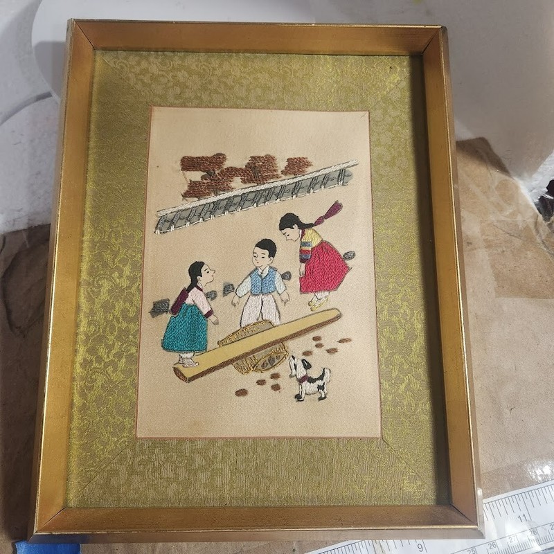 Vtg wall Art textile embroidery silk Asian children dog at play wood framed