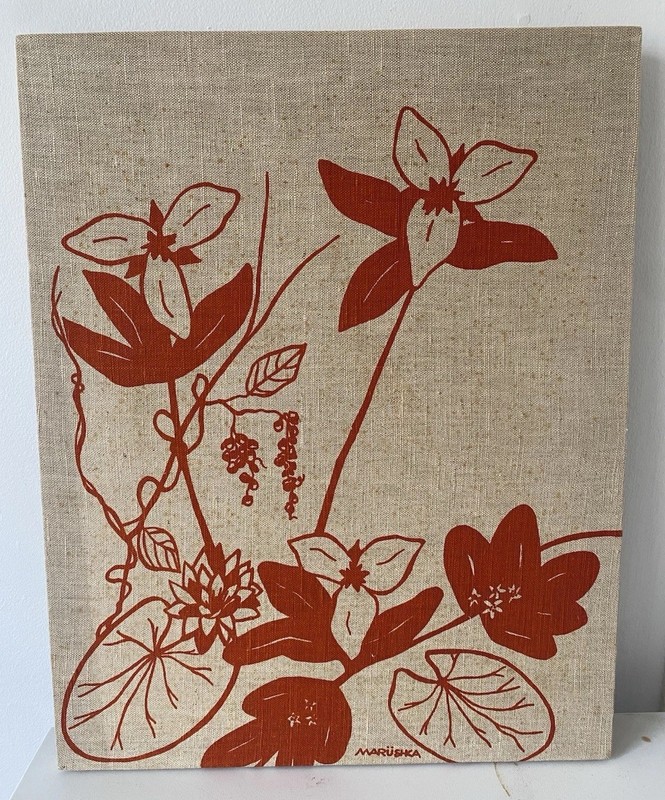 Vtg 70s Marushka Fabric Art Linen Floral Screen Print 16 x 20 Stretched MCM