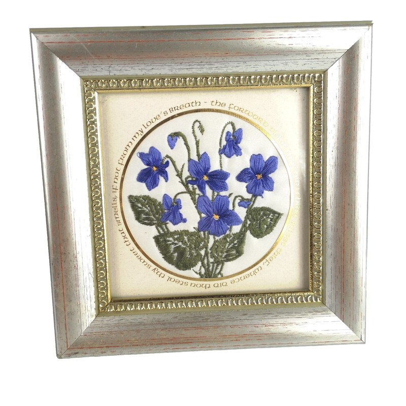 Embroidered Violets Satin Stitch Framed William Shakespeare Sonnet 99 Small