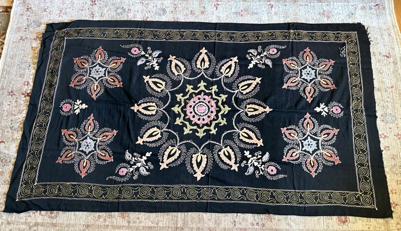 Vintage Suzani Embroidered Black Floral Cotton Tapestry Art Signed Fabric Wall