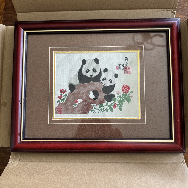 Vtg Chinese Hand Embroidered Panda Bears On Silk Signed Framed Art