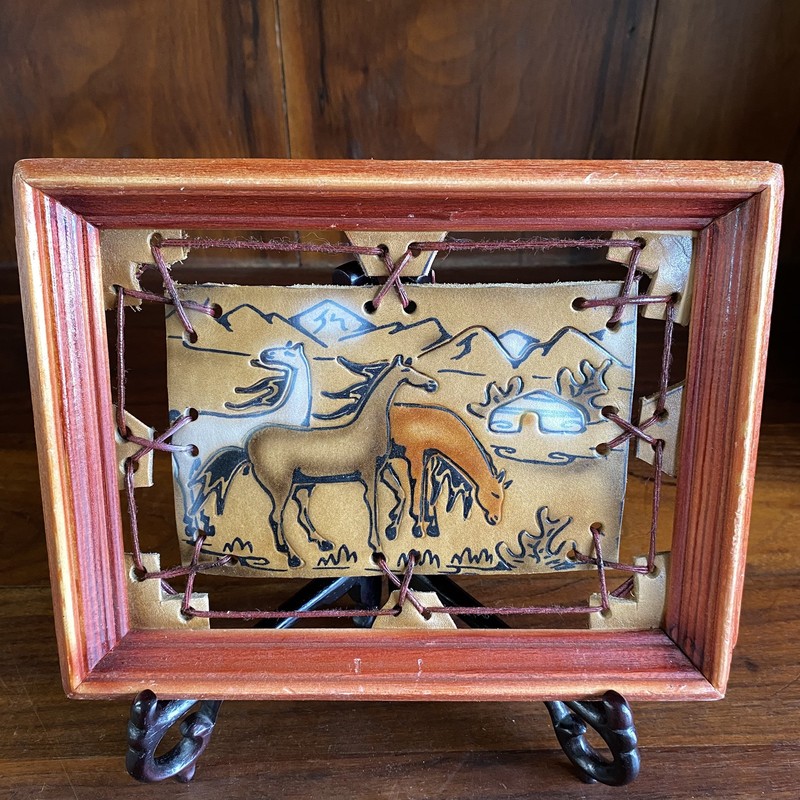Leather Tooled Painting Desert Horses And Yurt 9.25”x7.5” VTG Leather Art Framed