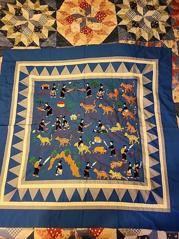 Vintage Hmong Story Cloth: Traditional Scene Huts People Animals And Writing