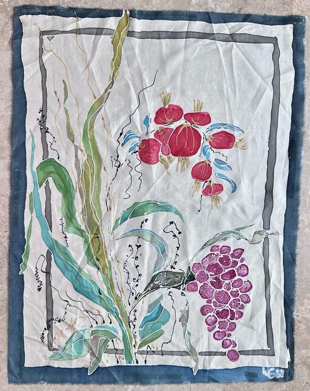 Hand-Painted Silk Textile Botanical Floral Art 18.5×14.5 Vintage Unfinished Edge