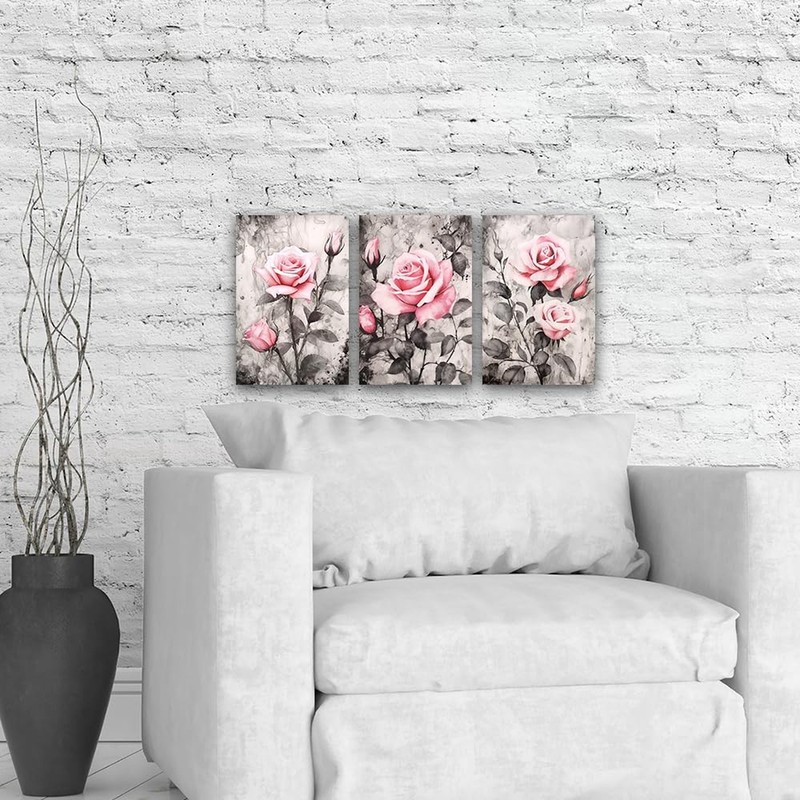 3 Piece Set Rose Canvas Wall Art，Pink Flowers Paintings，Vintage Pi gallery
