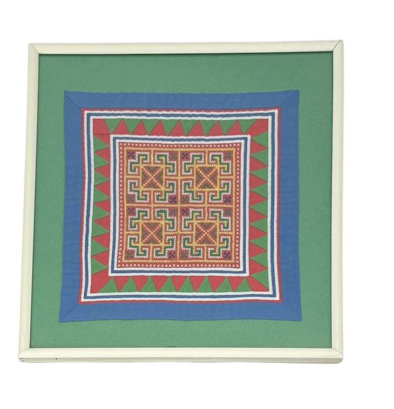 Vintage Hand Embroidered Folk Textile Wall Art Boho Geometric Framed