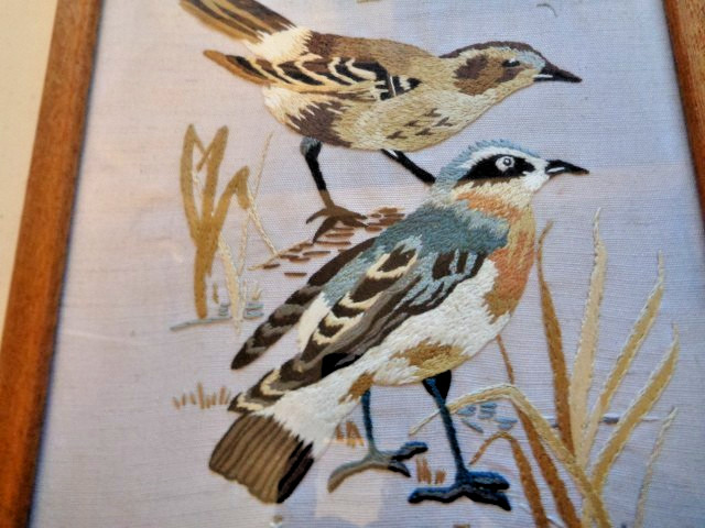 Vintage Embroidery Birds Art Picture on Textile Framed 15.5x8.5 c1970s Used gallery