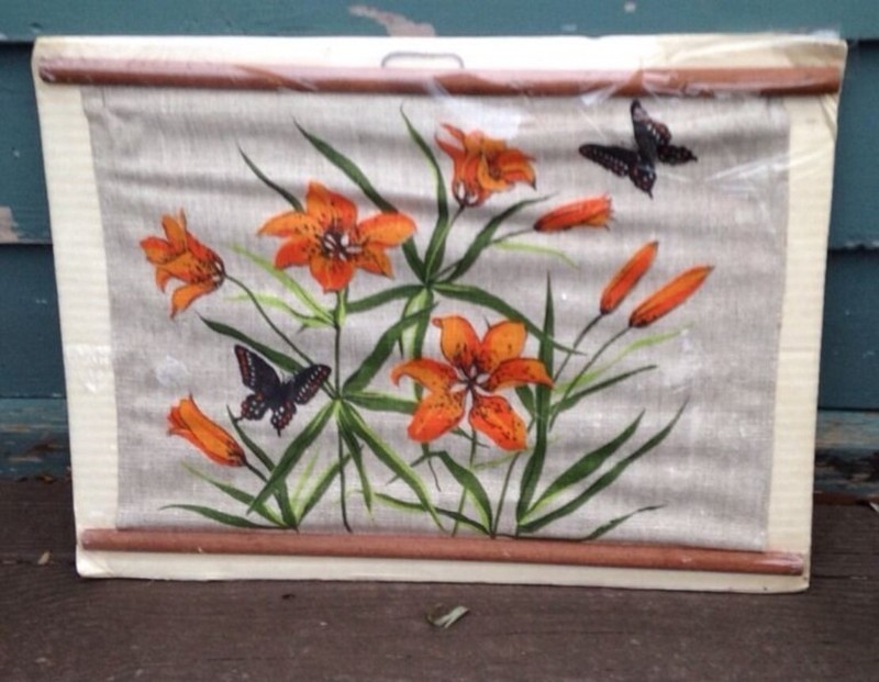 Vintage Orange Tiger Lily Textile Art New Burlap Printed Painted Scroll Wall