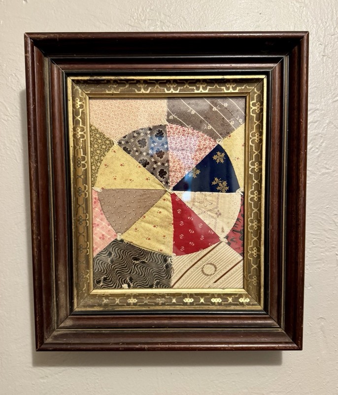 Antique 1800s Walnut Frame w/ Early 1900s Patchwork Quilt Square Textile Art