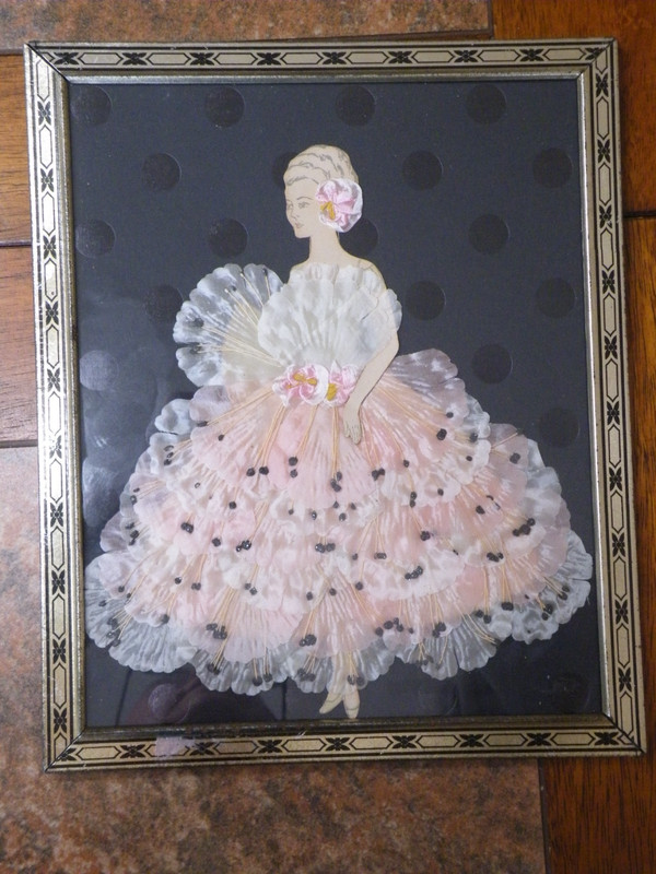 Vtg Framed RIBBON ART PICTURE Paper Doll Dressed in Pink & White Ribbon Flowers