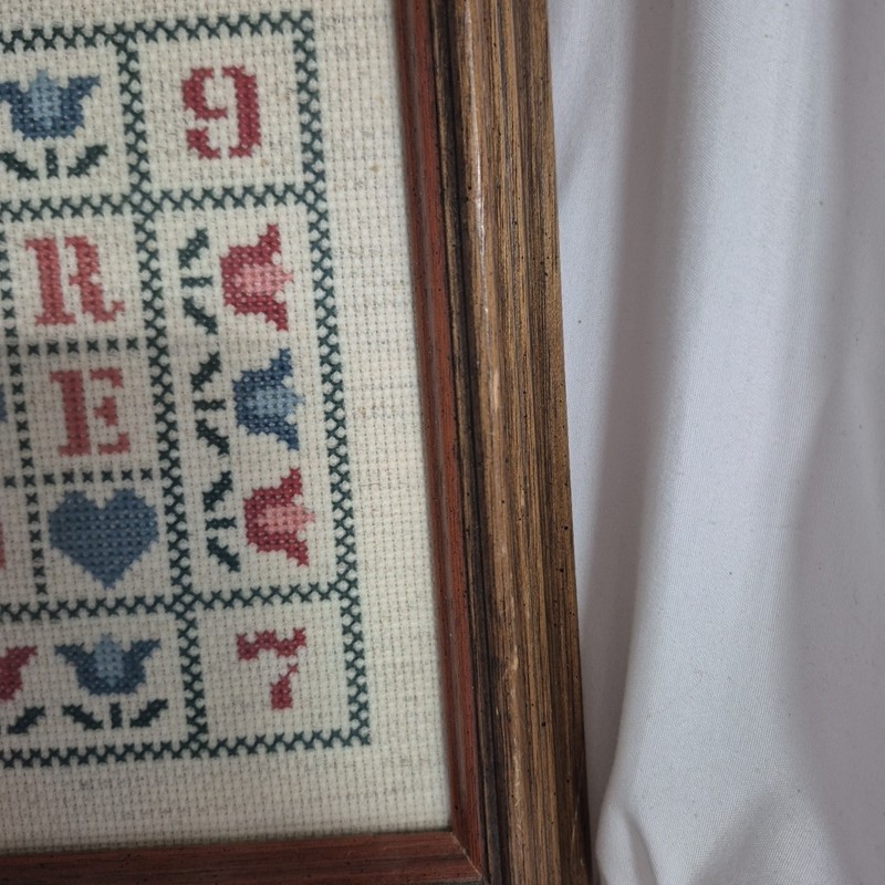 VTG Framed Needlepoint Cross Stitch Friend 1985 floral Design Rustic Handmade gallery