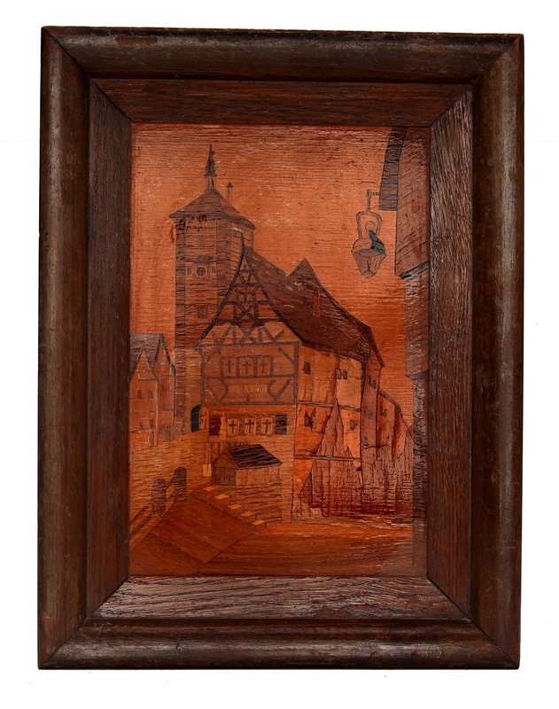 Plonlein, Rothenburg, ob der Tauber Framed Vintage German Wood Inlay (Intarsia)