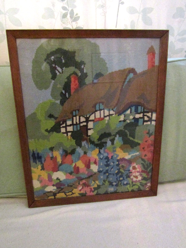 A Large Antique Framed Woolwork Tapestry – English Cottage Garden with Flowers
