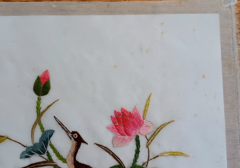 Vintage Chinese Silk Embroidery Art With Birds And Flowers Unframed gallery