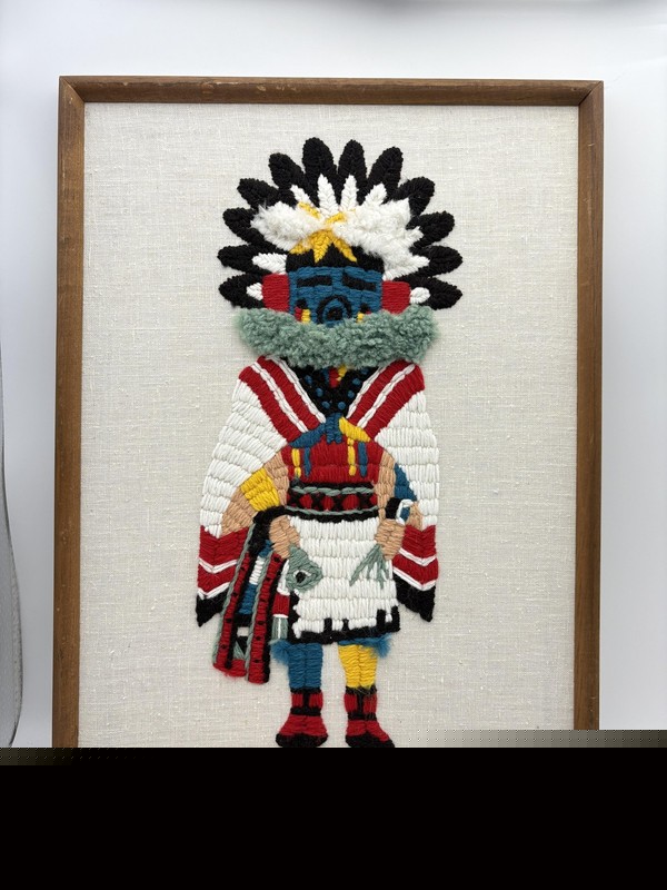 Vintage Morning Kachina Yarn Art Crewel Framed Tapestry Indigenous Southwestern