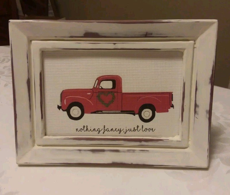 1940’s Truck Framed «Nothing Fancy, Just Love.» Arauco 7 1/2 × 5 3/4 Whitewash