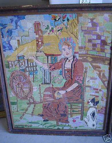 BIG Vintage 1800s Needlepoint Textile Woman & Dog Spinning Wheel