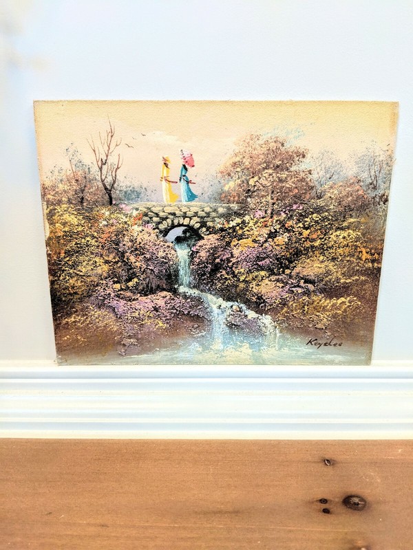 Vintage Kay Dee Linen Print Artwork Mounted On Board Victorian Autumn Waterfall