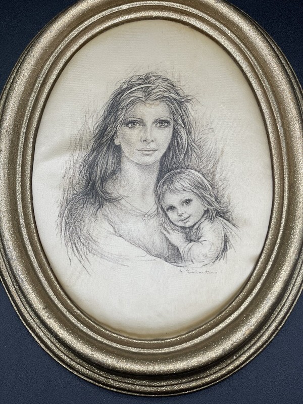 Vintage Giuseppe Tarantino 2 Silk Paintings Mother Child Nursery Decor Italy gallery