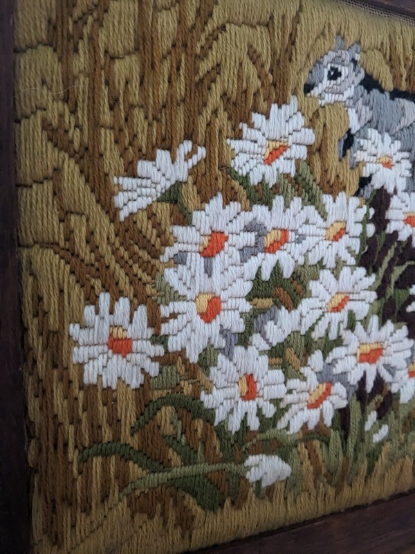 Vintage Yarn Crewel Art Squirrel/ Tree/Daisies Framed 70s/80s~ 16"x12" VGUC gallery