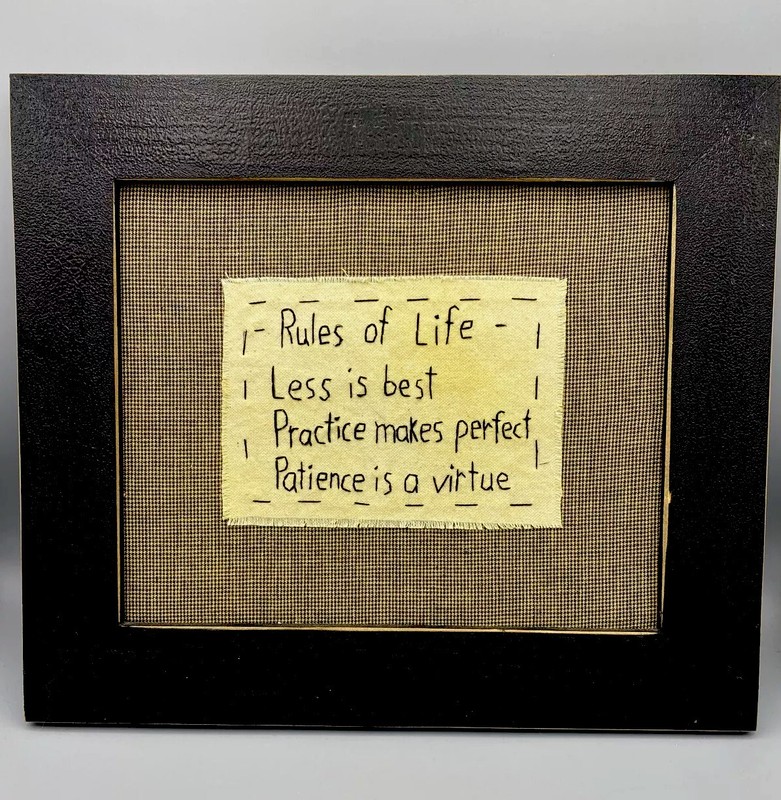 Primitive FOLK ART Style RULES OF LIFE Framed Needlework Sampler 12.5” x 14.75”