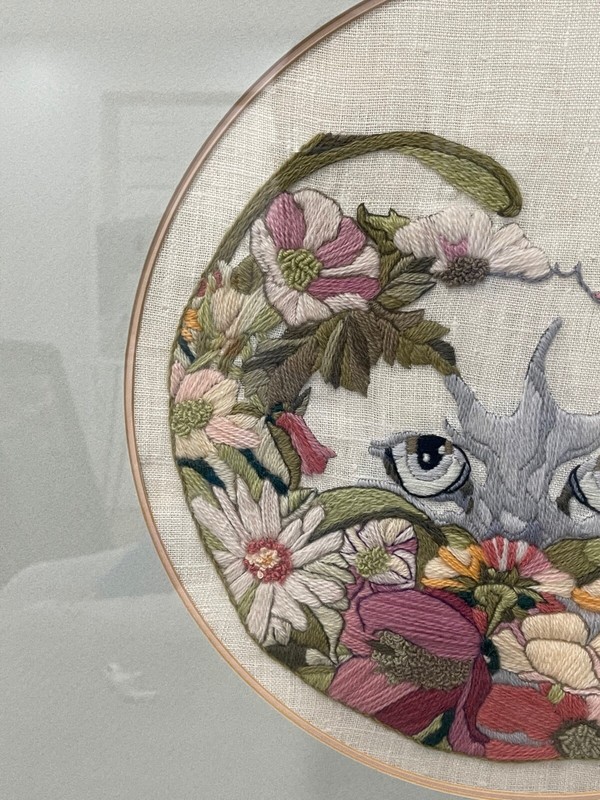1981 Signed JoAnn Jo Ann Carpenter Framed Embroidery Textile Art Cat in Flowers gallery