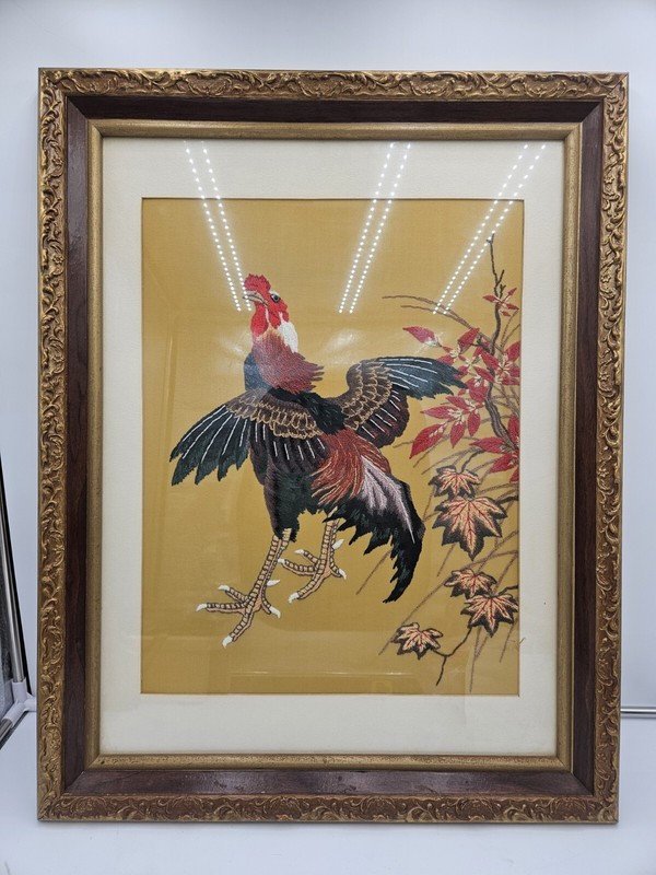 Mid-Century Handcrafted Needlepoint Rooster Sampler Wall Art Custom Wood Frame gallery