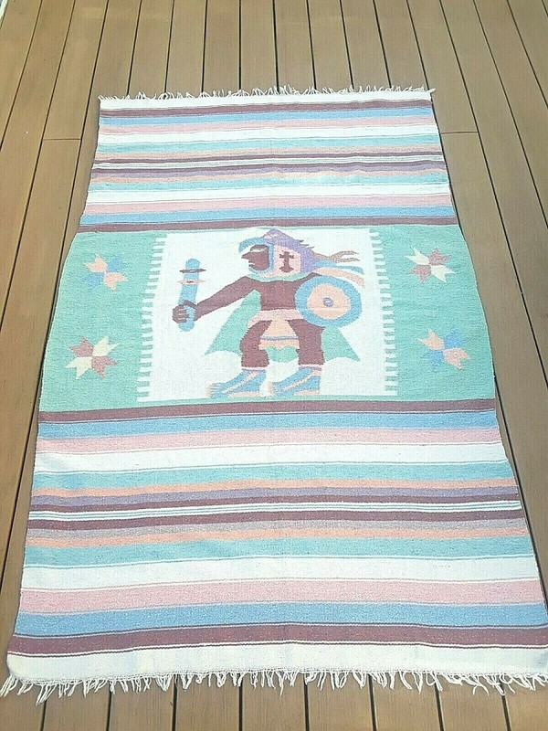 VINTAGE WOOL BLANKET RUG ZAPOTEC (?) MEXICAN MAYAN AZTEC SOUTHWEST ART