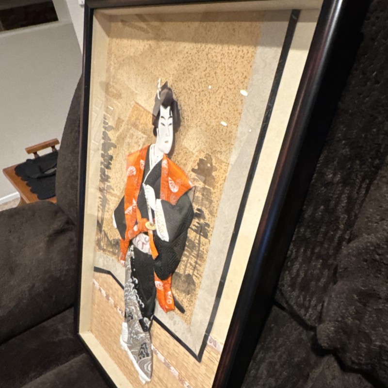 Framed Japanese Textile Collage Art Silk Kimono Figure Traditional Costume gallery