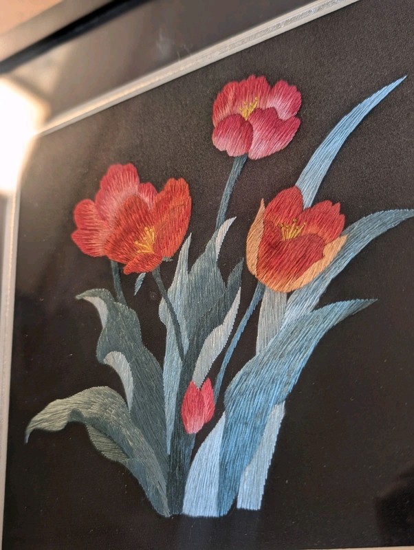 Floral Silk Embroidered Framed Art Embroidery Flowers Black 11x12 Nature Plants gallery