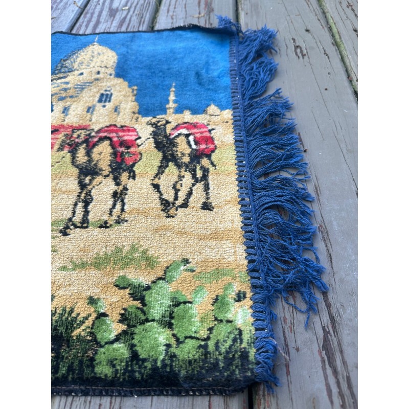Vintage Camel Caravan Tapestry Wall Hanging Mosque Desert Scene Velvet gallery