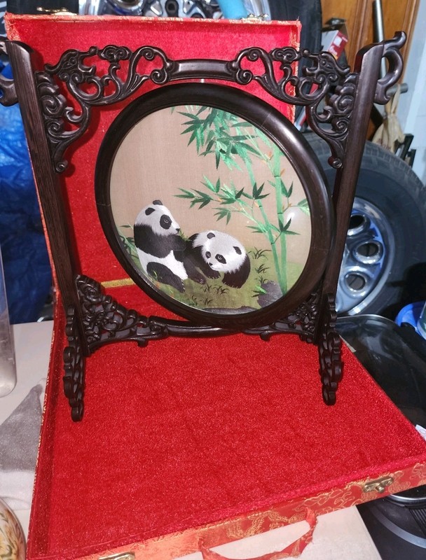 Chinese Panda, Suzhou Double Sided Silk Embroidery Screen, Wooden Base W/Case