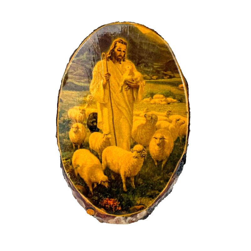Rustic Jesus Christ Tending Sheep Wood Art Plaque Mid Century 1950s