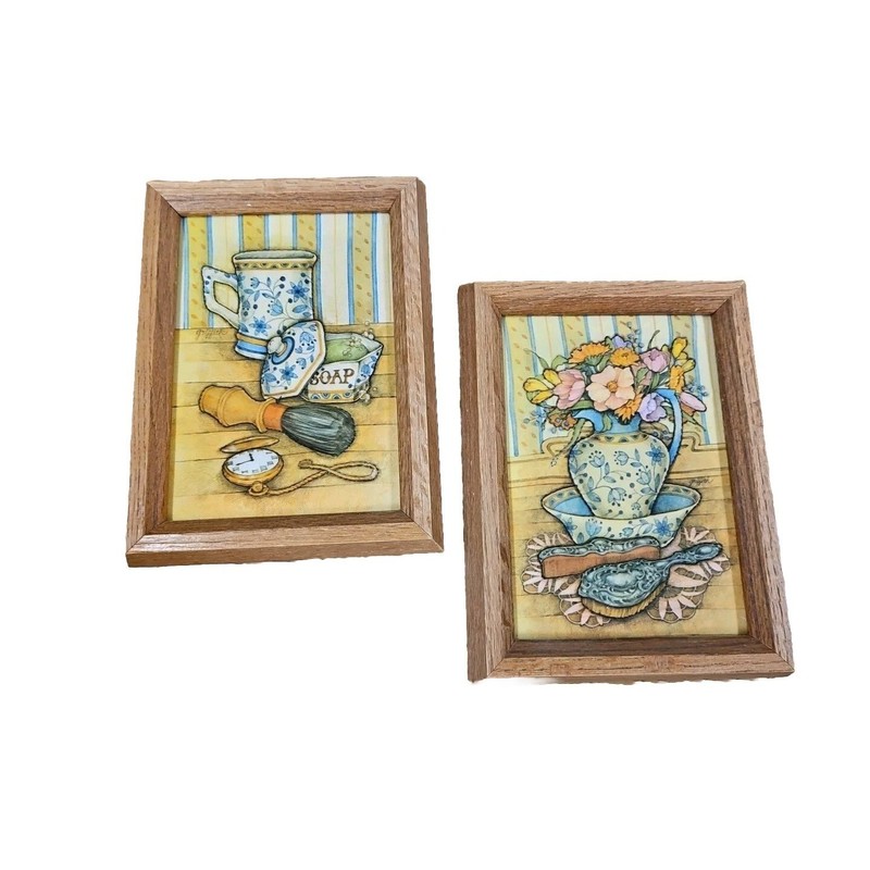 VTG 3D Bathroom Art Padded Textile Applique Framed Fabric Dimensional Set Of 2