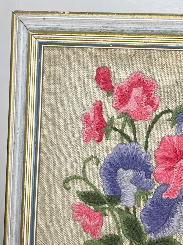 Crewel Embroidered Flower Framed Art 8 & 3/8” Square Vintage Cottage Floral gallery