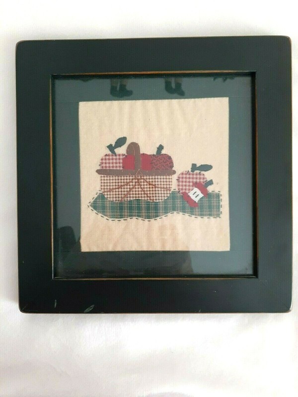 Stitched Folk Art Apples in Basket Under Glass Signed Handmade USA Fall Homespun