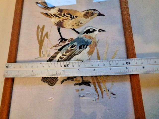Vintage Embroidery Birds Art Picture on Textile Framed 15.5x8.5 c1970s Used gallery