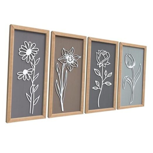 3D Wooden Floral Wall Decor of 4 Farmhouse Vintage Boho 7"X16" Set of 4 Framed