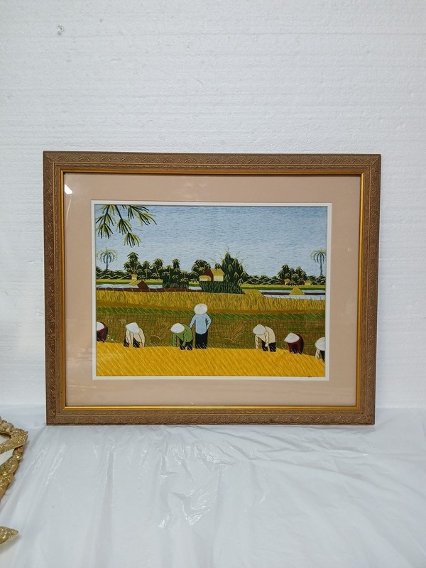 Framed Vietnamese silk embroidery artwork depict farmers working in a rice Paddy
